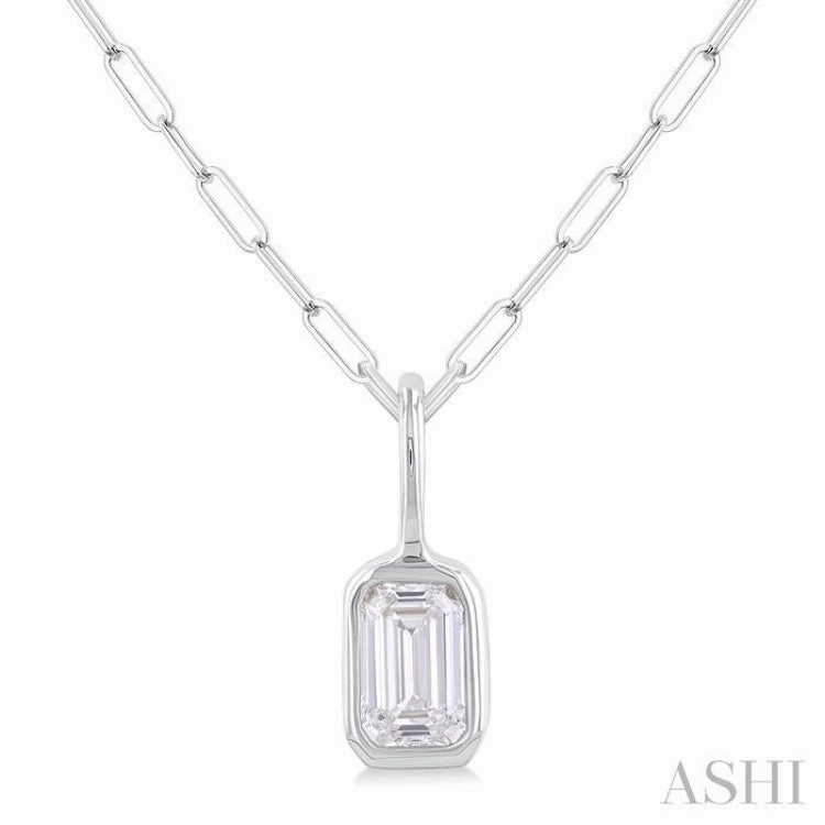 1/5 ctw Emerald Cut Bezel Set Diamond Fashion Pendant With Paperclip Chain in 10K White Gold