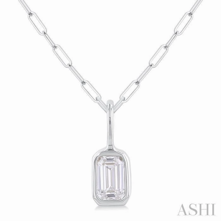 1/5 ctw Emerald Cut Bezel Set Diamond Fashion Pendant With Paperclip Chain in 10K White Gold