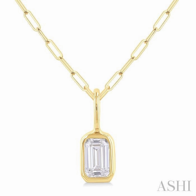 1/5 ctw Emerald Cut Bezel Set Diamond Fashion Pendant With Paperclip Chain in 10K Yellow Gold