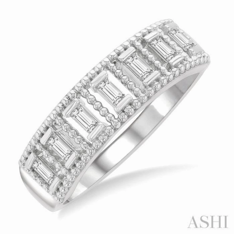 1/5 ctw Open Frame Ball Bead Border Baguette Cut Diamond Fashion Band in 14K White Gold