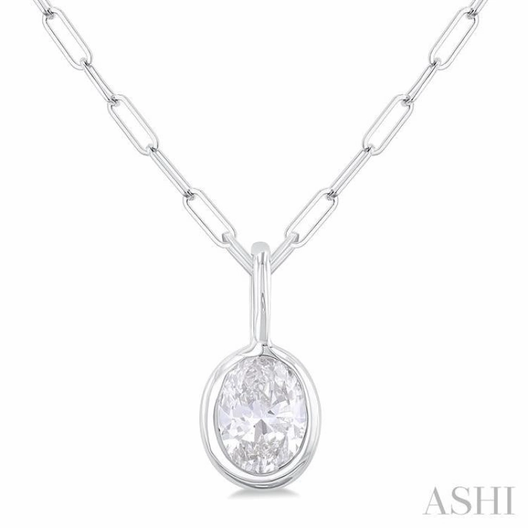 1/5 ctw Oval Cut Bezel Set Diamond Fashion Pendant With Paperclip Chain in 10K White Gold