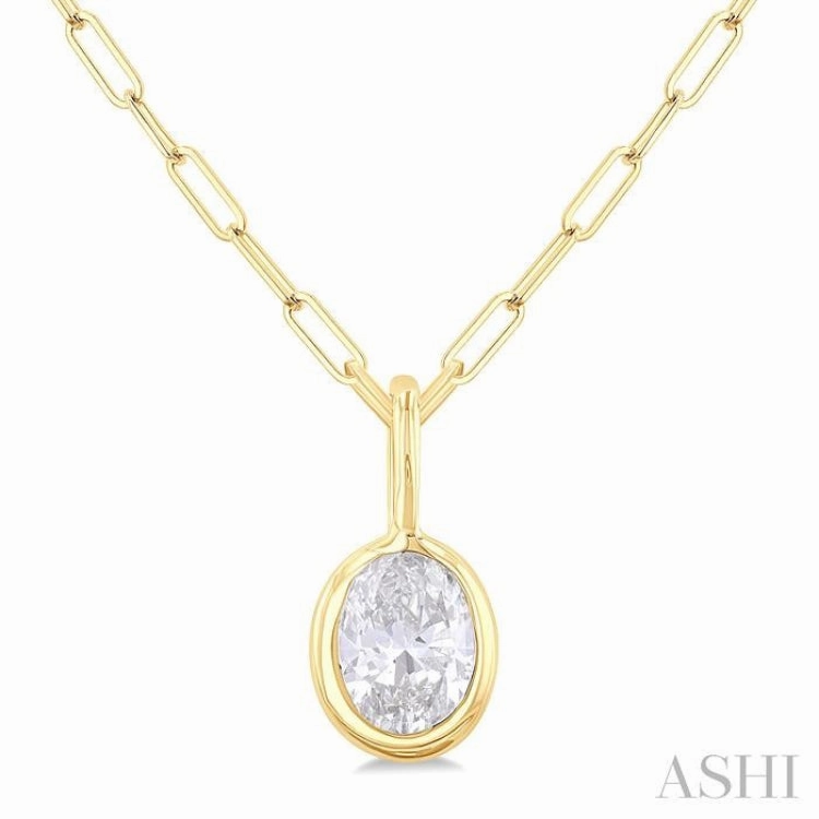 1/5 ctw Oval Cut Bezel Set Diamond Fashion Pendant With Paperclip Chain in 10K Yellow Gold