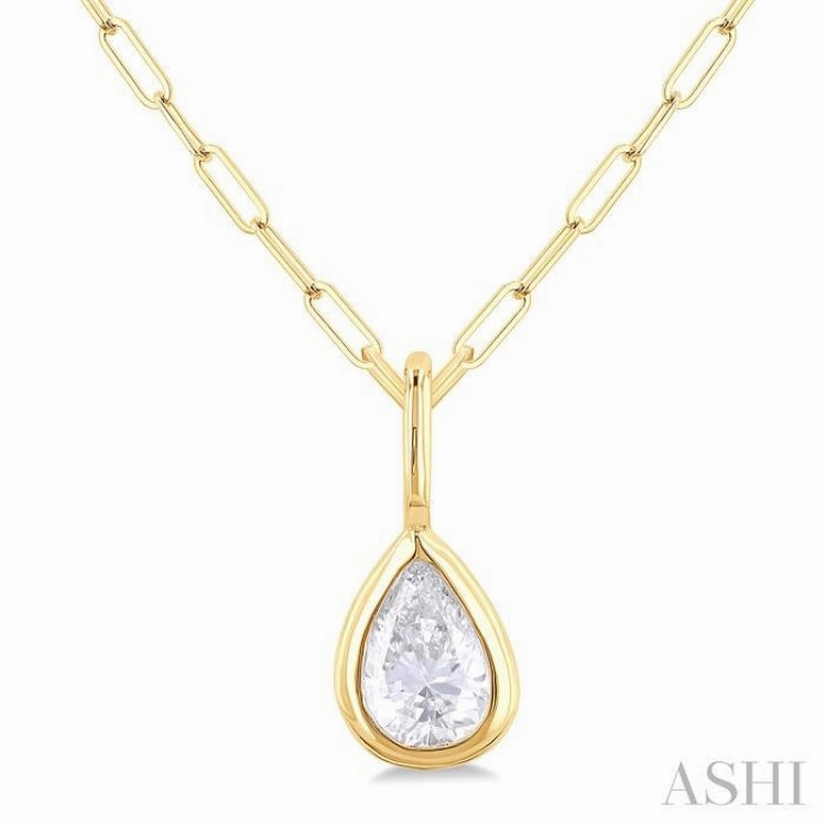 1/5 Ctw Pear Cut Bezel Set Diamond Fashion Pendant With Paperclip Chain in 10K Yellow Gold