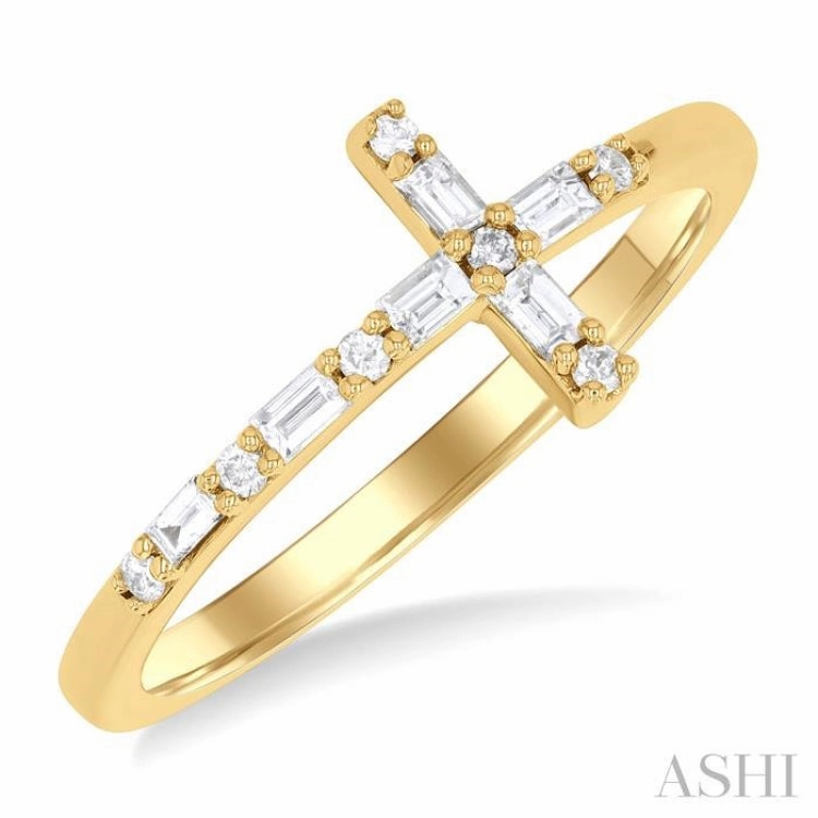 1/5 ctw Reclined Cross Baguette and Round Cut Diamond Fashion Ring in 10K Yellow Gold