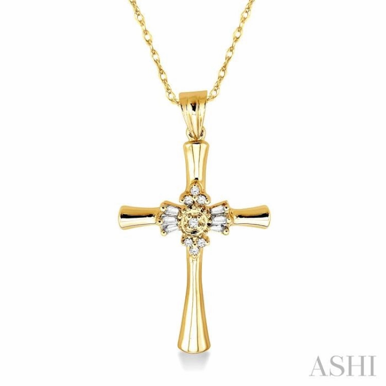 1/6 ctw Baguette and Round Cut Diamond Cross Pendant in 10K Yellow Gold with Chain