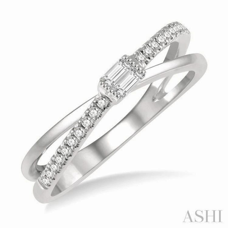 1/6 ctw Criss-Cross Baguette and Round Cut Diamond Fashion Ring in 14K White Gold