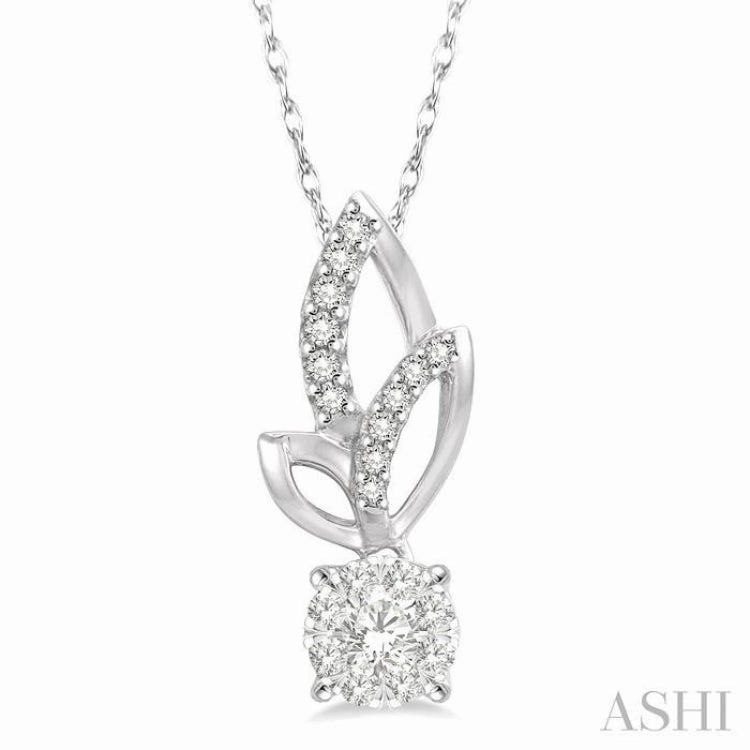1/6 ctw Leafy Round Cut Diamond Lovebright Pendant With Link Chain in 14K White Gold