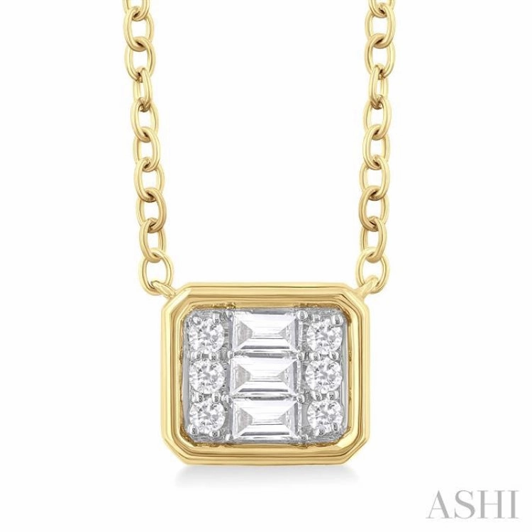 1/6 ctw Petite Bezel Set East-West Emerald Shape Fusion Baguette and Round Cut Diamond Fashion Pendant With Chain in 10K Yellow Gold