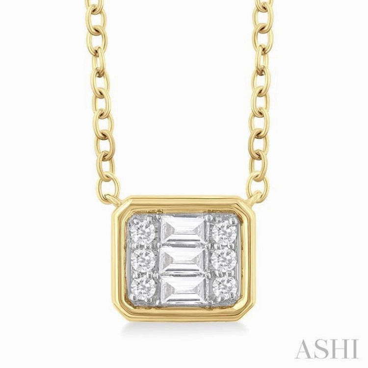 1/6 ctw Petite Bezel Set East-West Emerald Shape Fusion Baguette and Round Cut Diamond Fashion Pendant With Chain in 10K Yellow Gold