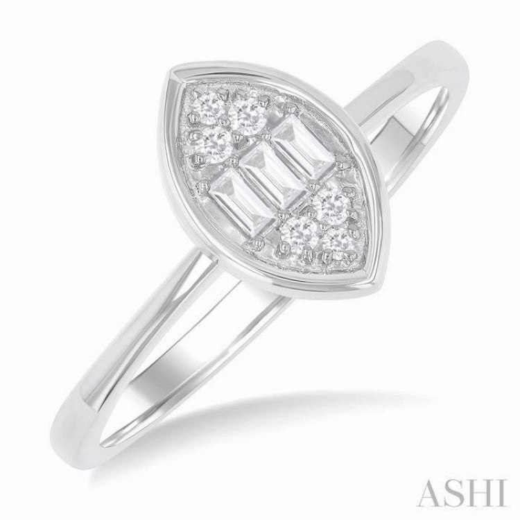 1/6 Ctw Petite Bezel Set Marquise Shape Fusion Baguette and Round Cut Diamond Fashion Ring in 10K White Gold