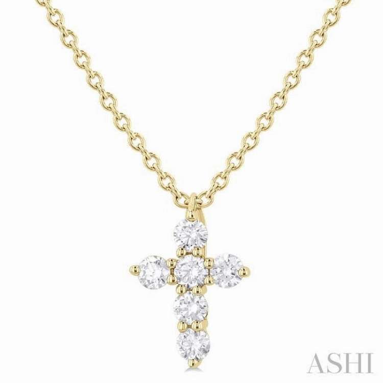 1/6 ctw Round Cut Diamond Christian Cross 6-Stone Fashion Pendant With Chain in 14K Yellow Gold