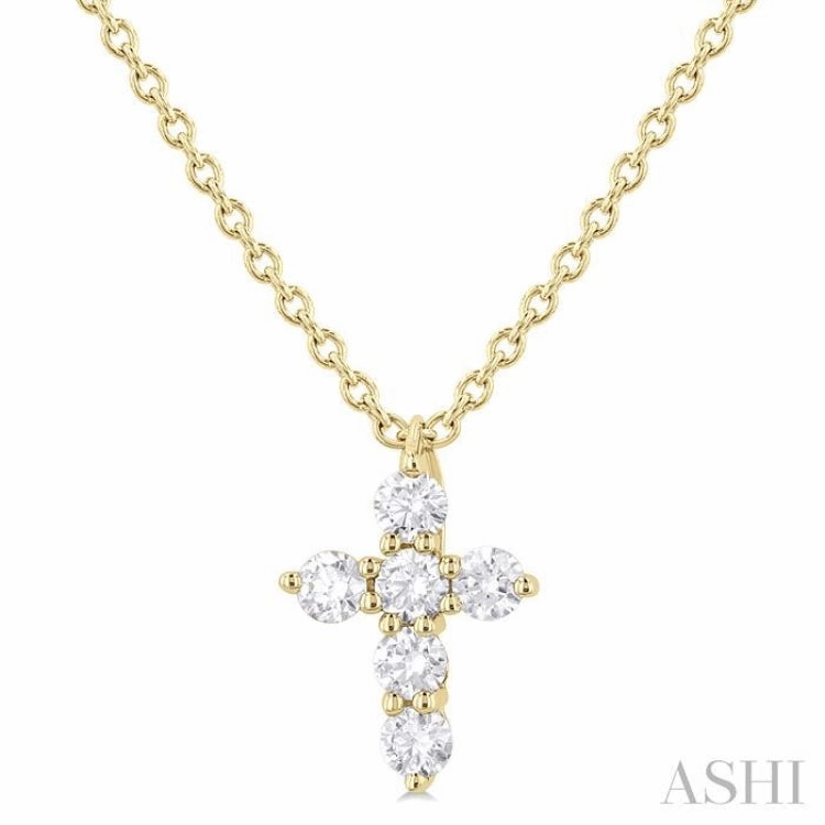 1/6 ctw Round Cut Diamond Christian Cross 6-Stone Fashion Pendant With Chain in 14K Yellow Gold
