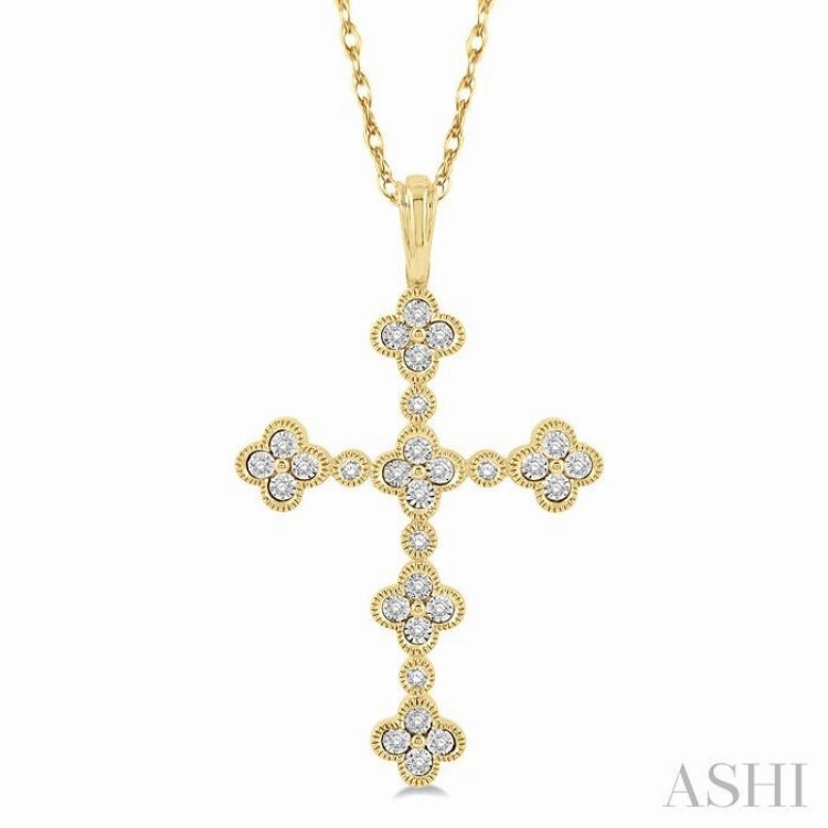 1/8 ctw Floral Cross Round Cut Diamond Pendant With Link Chain in 10K Yellow Gold