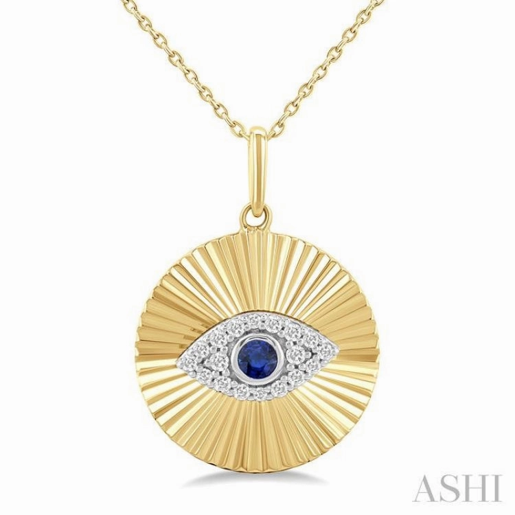 1/8 Ctw Fluted Evil Eye 2.5MM Sapphire and Round Cut Diamond Precious Fashion Pendant in 10K Yellow and White Gold