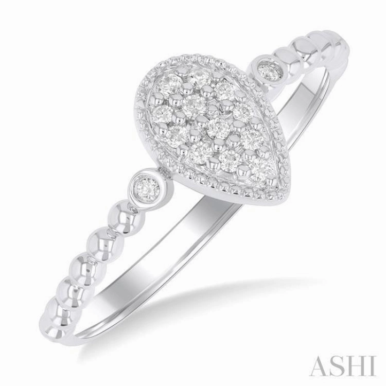1/8 Ctw Petite Bead Shank Pear Shape Center Round Cut Diamond Fashion Ring in 10K White Gold