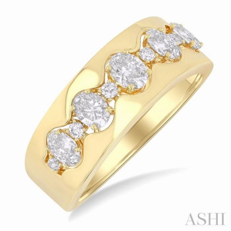 1 Ctw 5-Stone Oval and Round Cut Diamond Wide Fashion Band in 14K Yellow Gold