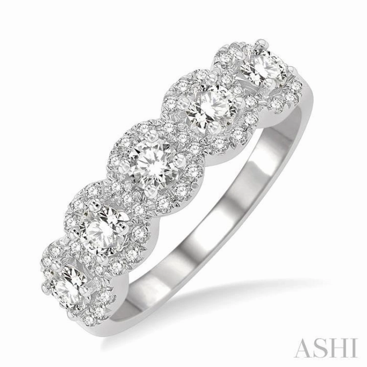 1 ctw Circular Shape 5 Stone Round Cut Diamond Halo Wedding Band in 14K White Gold