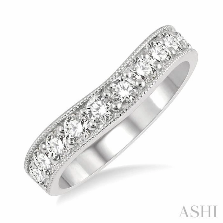 1 ctw Curved Center Milgrain Border Round Cut Diamond Wedding Band in 14K White Gold
