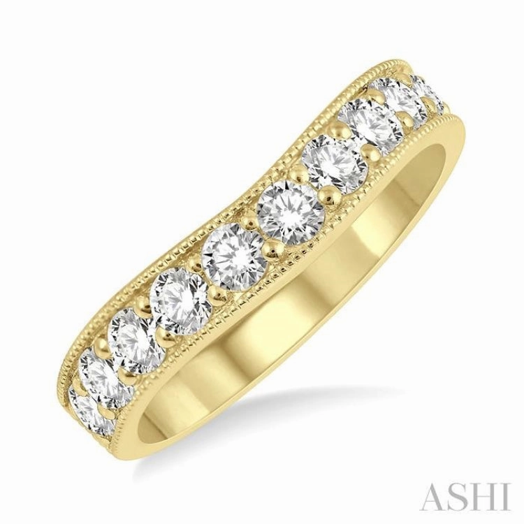 1 ctw Curved Center Milgrain Border Round Cut Diamond Wedding Band in 14K Yellow Gold