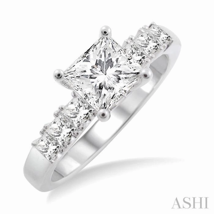 1 ctw Diamond Engagement Ring with 5/8 ct Princess Cut Center Stone in 14K White Gold
