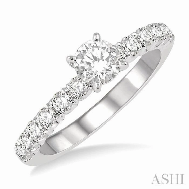 1 Ctw Diamond Ladies Engagement Ring with 1/2 Ct Round Cut Center Stone in 14K White Gold