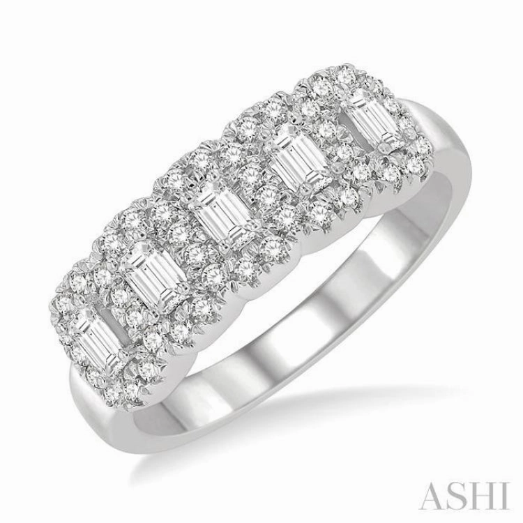 1 ctw Emerald Shape 5 Stone Emerald & Round Cut Diamond Halo Wedding Band in 14K White Gold