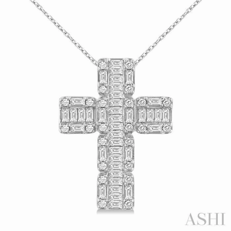 1 ctw Fusion Baguette and Round Cut Diamond Cross Fashion Pendant With Chain in 14K White Gold
