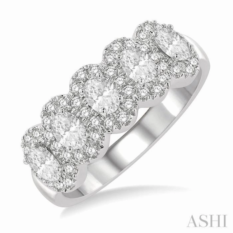 1 ctw Oval Shape 5 Stone Oval & Round Cut Diamond Halo Wedding Band in 14K White Gold