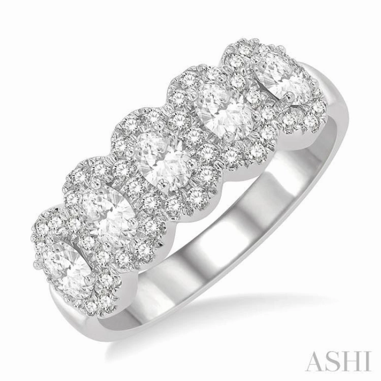 1 ctw Oval Shape 5 Stone Oval & Round Cut Diamond Halo Wedding Band in 14K White Gold