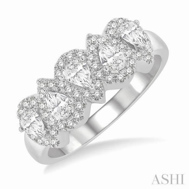 1 ctw Pear Shape 5 Stone Pear & Round Cut Diamond Halo Wedding Band in 14K White Gold