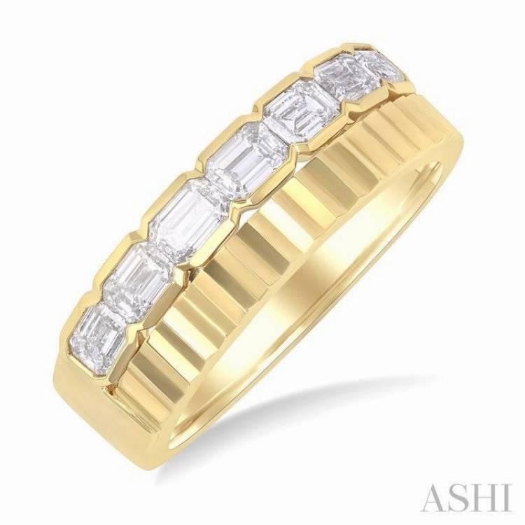 1 Ctw Pyramid Accents and Bezel Set Emerald Cut Diamond Bold Gold Fashion Wide Band in 14K Yellow Gold