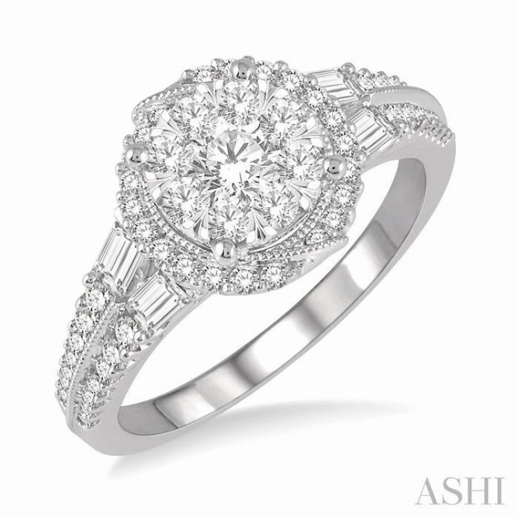1 ctw Round and Baguette Diamond Lovebright Engagement Ring in 14K White Gold