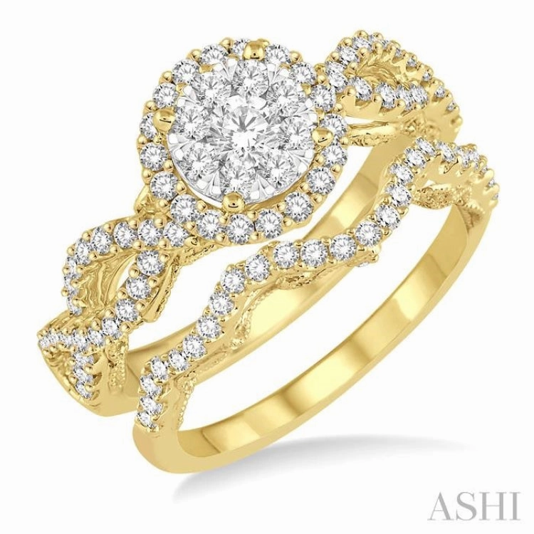 1 ctw Round Cut Diamond Lovebright Bridal Set with 3/4 ctw Engagement Ring and 1/5 ctw Wedding Band in 14K Yellow and White Gold