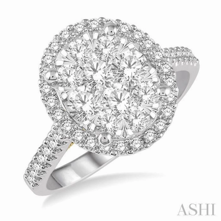 1 ctw Round Diamond Lovebright Oval Shape Halo Engagement Ring in 14K White and Yellow Gold