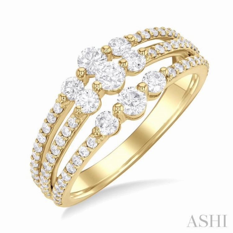 1 ctw Triple Row Past, Present & Future Round Cut Diamond Wedding Band in 14K Yellow Gold