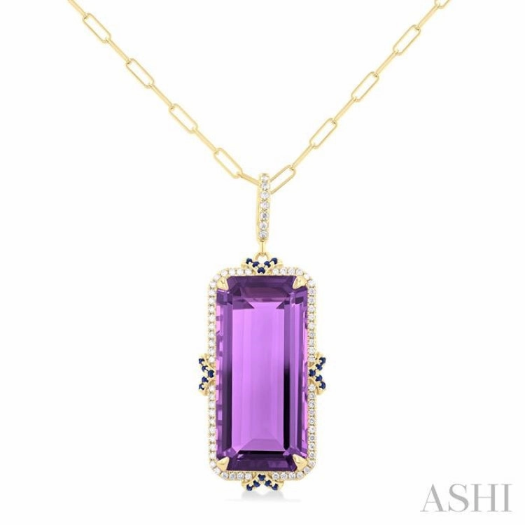 22x10 MM Emerald Cut Amethyst and .80 MM Sapphire & 1/5 Ctw Round Cut Diamond Halo Precious & Semi-Precious Pendant With Chain in 14K Yellow Gold