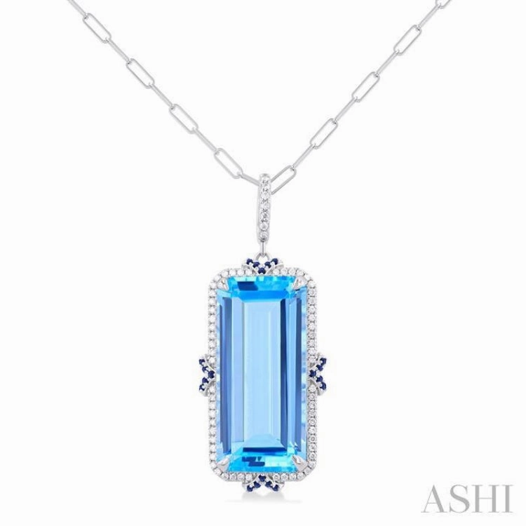 22x10 MM Emerald Cut Blue Topaz and .80 MM Sapphire & 1/5 Ctw Round Cut Diamond Halo Precious & Semi-Precious Pendant With Chain in 14K White Gold