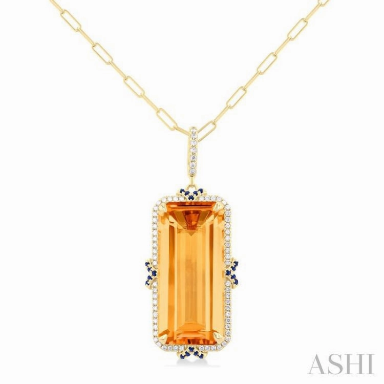 22x10 MM Emerald Cut Citrine and .80 MM Sapphire & 1/5 Ctw Round Cut Diamond Halo Precious & Semi-Precious Pendant With Chain in 14K Yellow Gold