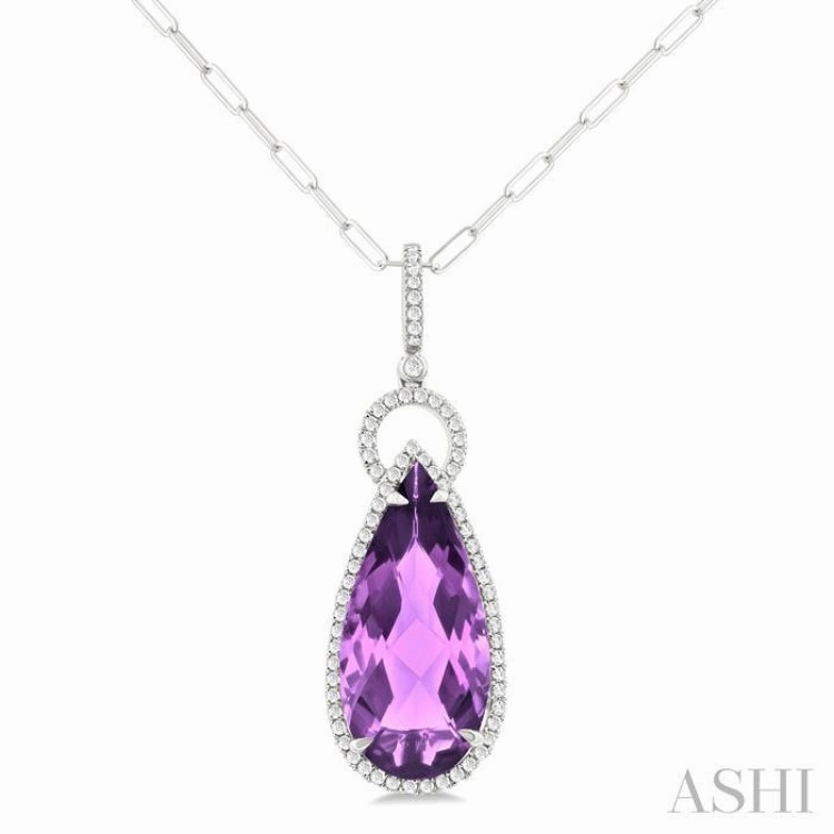 22X10 MM Pear Cut Amethyst and 1/3 Ctw Round Cut Diamond Halo Semi-Precious Pendant With Chain in 14K White Gold