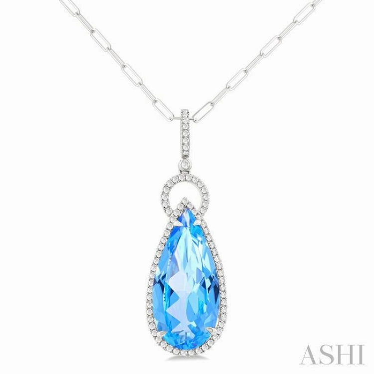22X10 MM Pear Cut Blue Topaz and 1/3 Ctw Round Cut Diamond Halo Semi-Precious Pendant With Chain in 14K White Gold