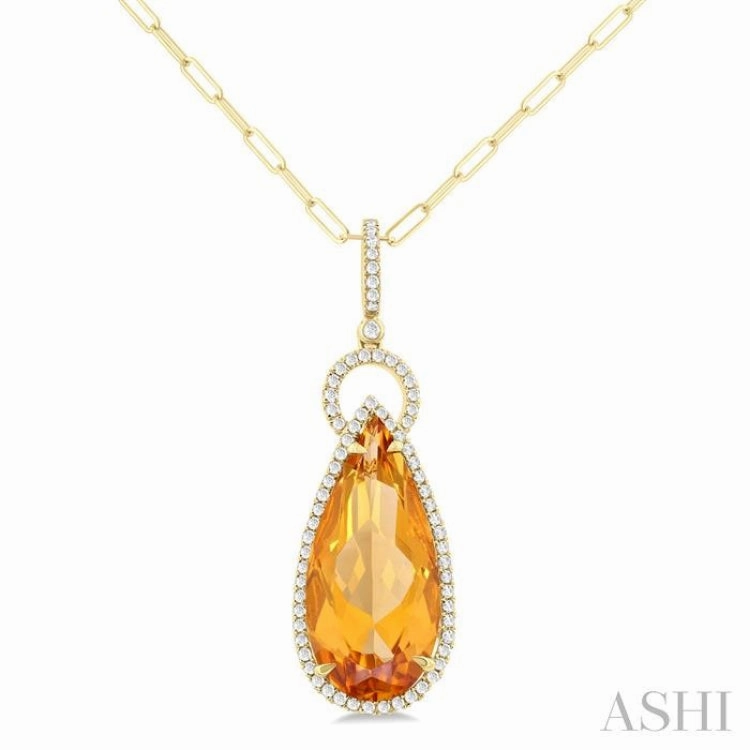 22X10 MM Pear Cut Citrine and 1/3 Ctw Round Cut Diamond Halo Semi-Precious Pendant With Chain in 14K Yellow Gold