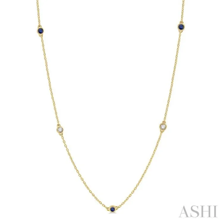 2.6 MM Sapphire and 3/8 Ctw Round Cut Diamond Precious Station Necklace in 14K Yellow Gold