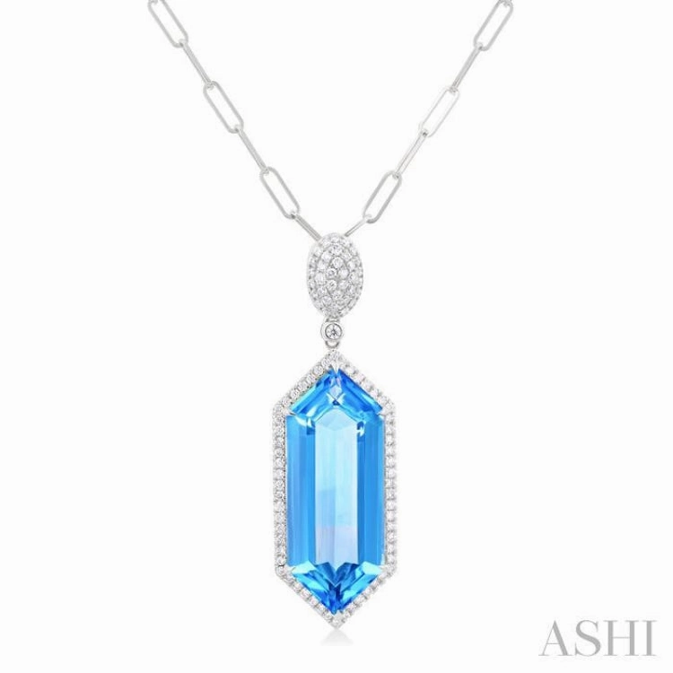 26x10 MM Hexagon Shape Blue topaz and 1/2 Ctw Round Cut Diamond Halo Semi-Precious Pendant With Chain in 14K White Gold