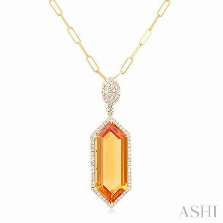 26x10 MM Hexagon Shape Citrine and 1/2 Ctw Round Cut Diamond Halo Semi-Precious Pendant With Chain in 14K Yellow Gold