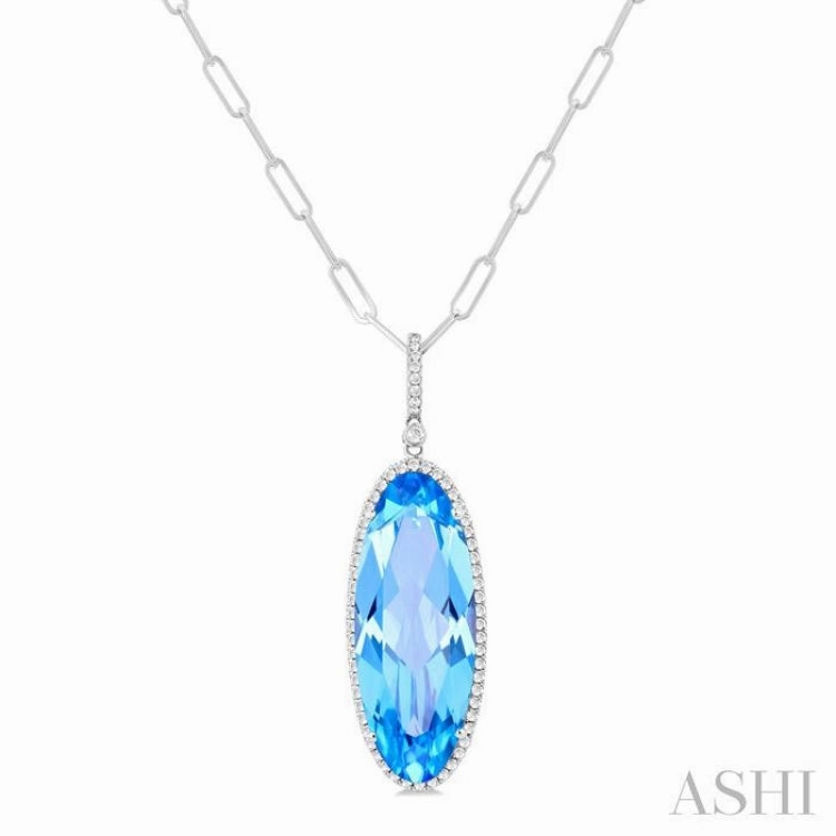 26x10 MM Oval Cut Blue Topaz and 1/3 Ctw Round Cut Diamond Semi-Precious Pendant With Chain in 14K White Gold