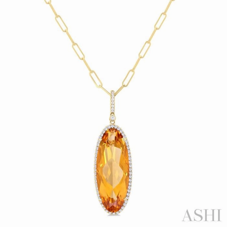 26x10 MM Oval Cut Citrine and 1/3 Ctw Round Cut Diamond Semi-Precious Pendant With Chain in 14K Yellow Gold