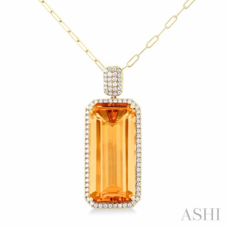 26x12 MM Emerald Cut Citrine and 1/2 Ctw Round Cut Diamond Halo Semi-Precious Pendant With Paperclip Chain in 14K Yellow Gold