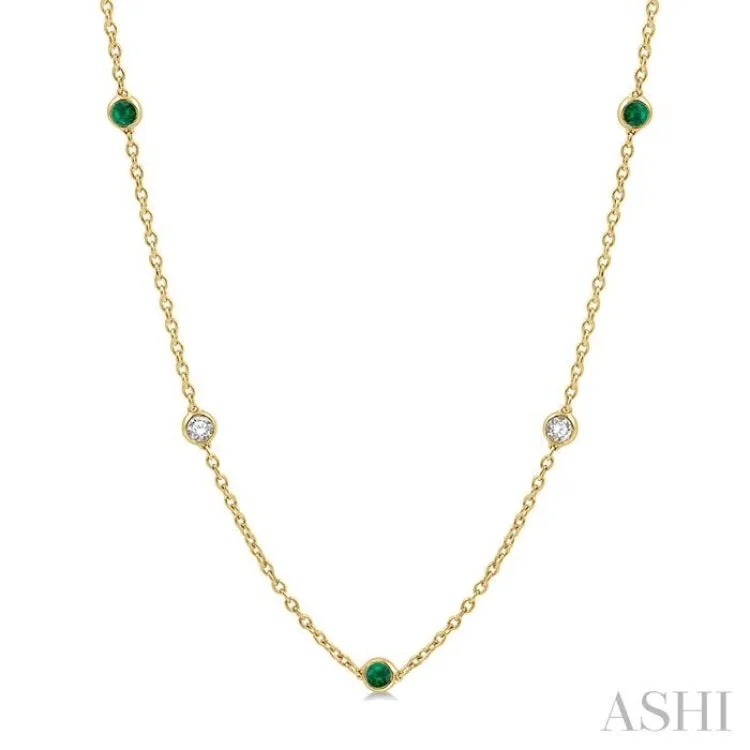 2.85 MM Emerald and 1/2 Ctw Round Cut Diamond Precious Station Necklace in 14K Yellow Gold