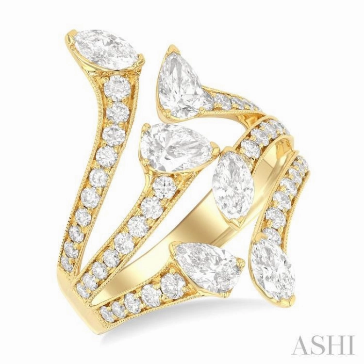 2 1/4 Ctw Bypass Three-Way Split Marquise, Pear and Round Cut Diamond Fashion Open Ring in 14K Yellow Gold