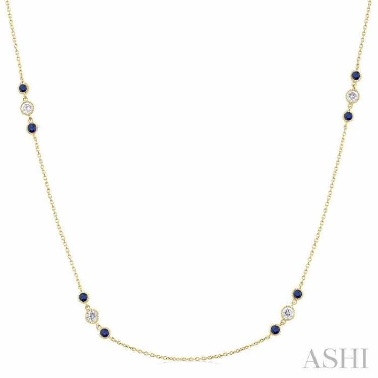 2.25 MM Sapphire and 1/2 ctw Round Cut Diamond Precious Station Necklace in 14K Yellow Gold